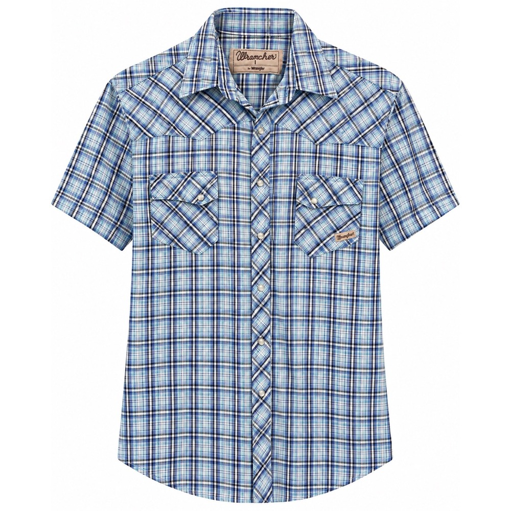 Wrancher by Wrangler Mens Blue Plaid Western Pearl Snap Short Sleeve Shirt L